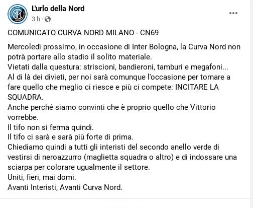 Curva Nord Inter: il comunicato ufficiale risponde alla questura